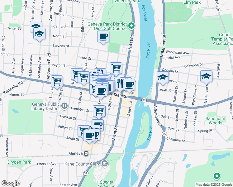 map of restaurants, bars, coffee shops, grocery stores, and more near 38 West State Street in Geneva