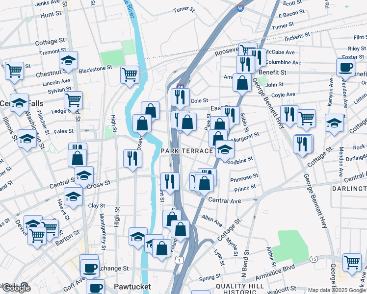 map of restaurants, bars, coffee shops, grocery stores, and more near 29 Woodbine Street in Pawtucket