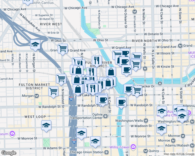 map of restaurants, bars, coffee shops, grocery stores, and more near 320 North Clinton Street in Chicago