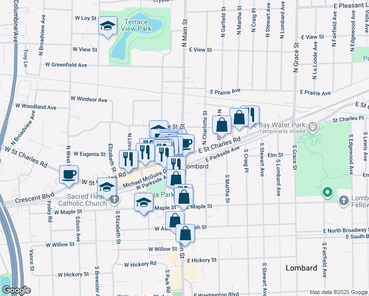 map of restaurants, bars, coffee shops, grocery stores, and more near 13 North Main Street in Lombard