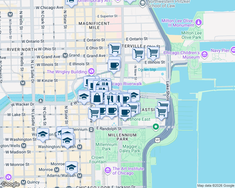 map of restaurants, bars, coffee shops, grocery stores, and more near East Lower Wacker Drive in Chicago