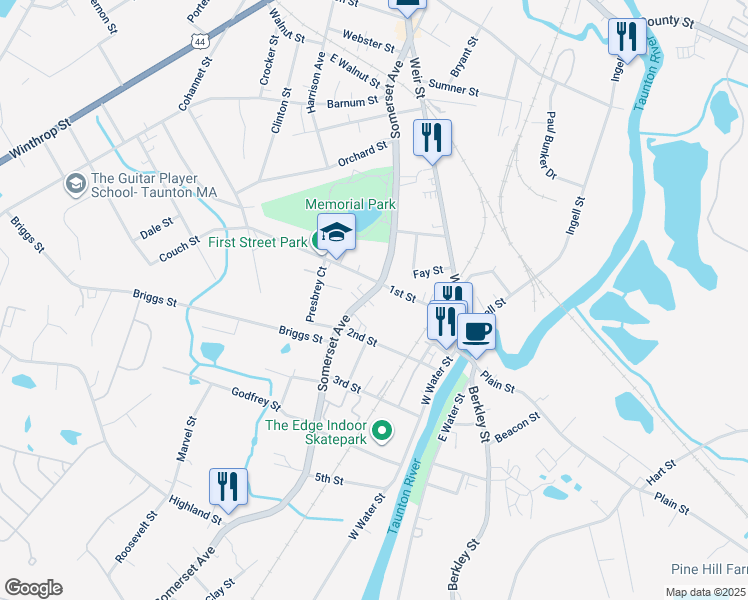 map of restaurants, bars, coffee shops, grocery stores, and more near 314 Somerset Avenue in Taunton