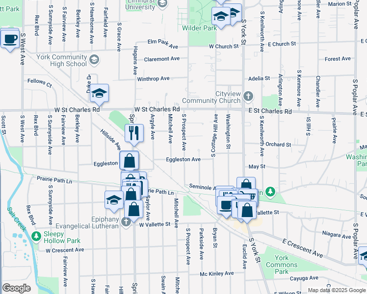 map of restaurants, bars, coffee shops, grocery stores, and more near 447 South Prospect Avenue in Elmhurst