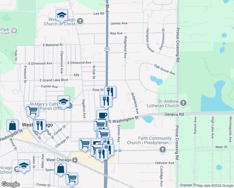 map of restaurants, bars, coffee shops, grocery stores, and more near 1N248 Ridgeland Avenue in West Chicago