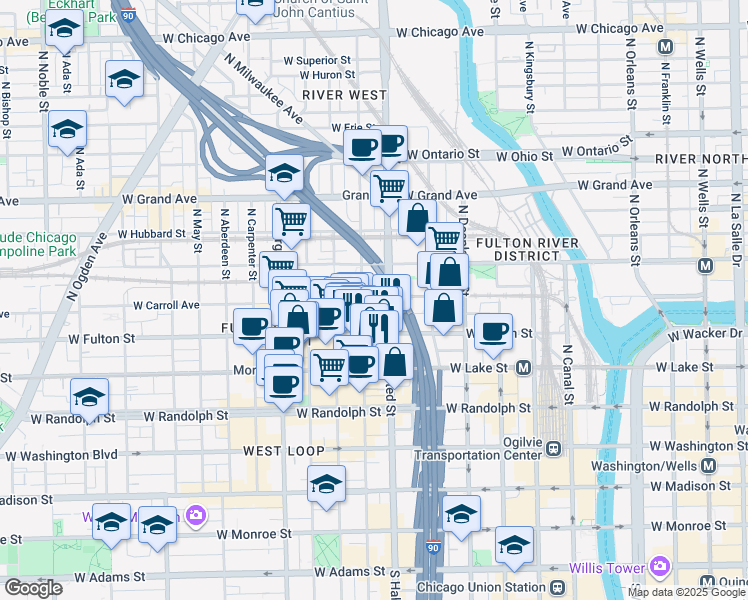 map of restaurants, bars, coffee shops, grocery stores, and more near 333 North Green Street in Chicago