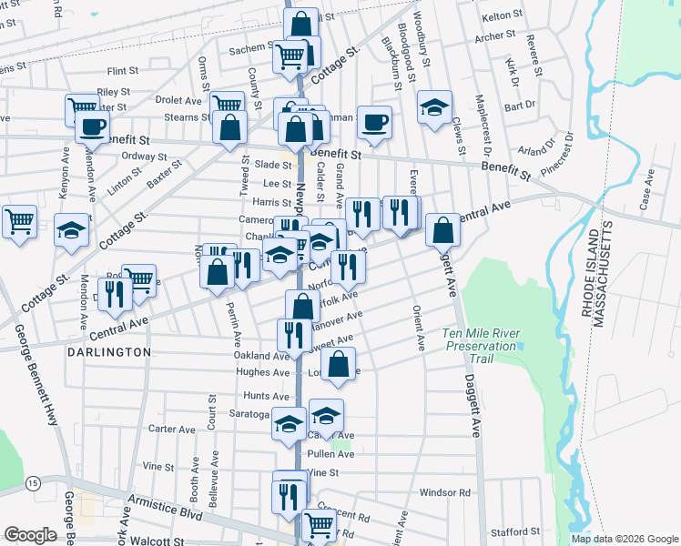 map of restaurants, bars, coffee shops, grocery stores, and more near 292 Grand Avenue in Pawtucket