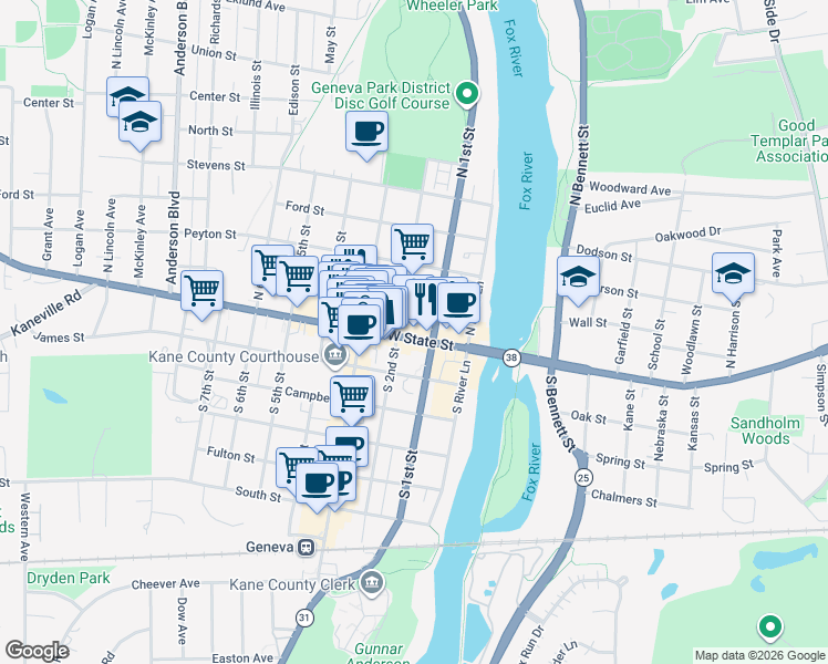 map of restaurants, bars, coffee shops, grocery stores, and more near 130 West State Street in Geneva