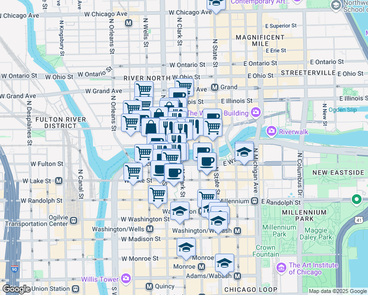 map of restaurants, bars, coffee shops, grocery stores, and more near 317 North Clark Street in Chicago