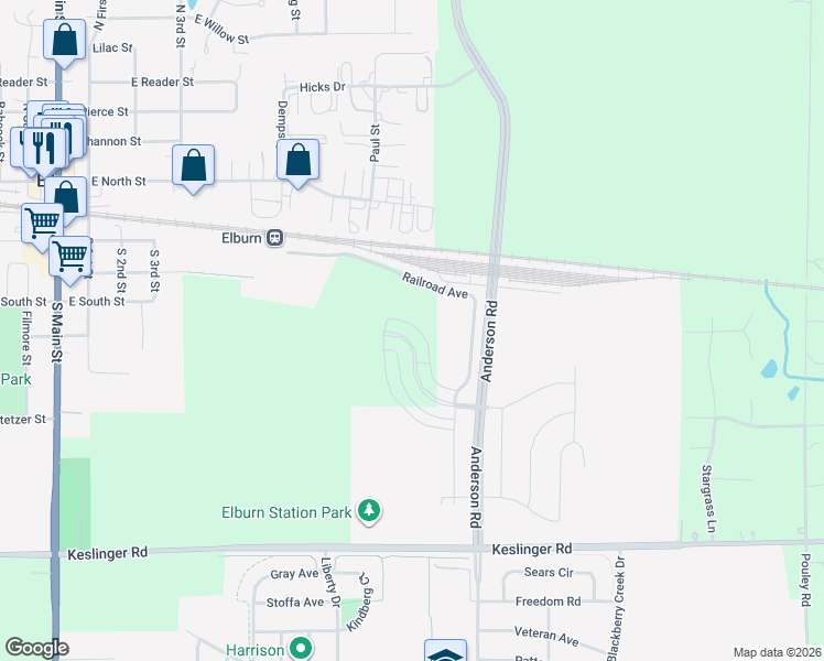 map of restaurants, bars, coffee shops, grocery stores, and more near 835 Station Boulevard in Elburn