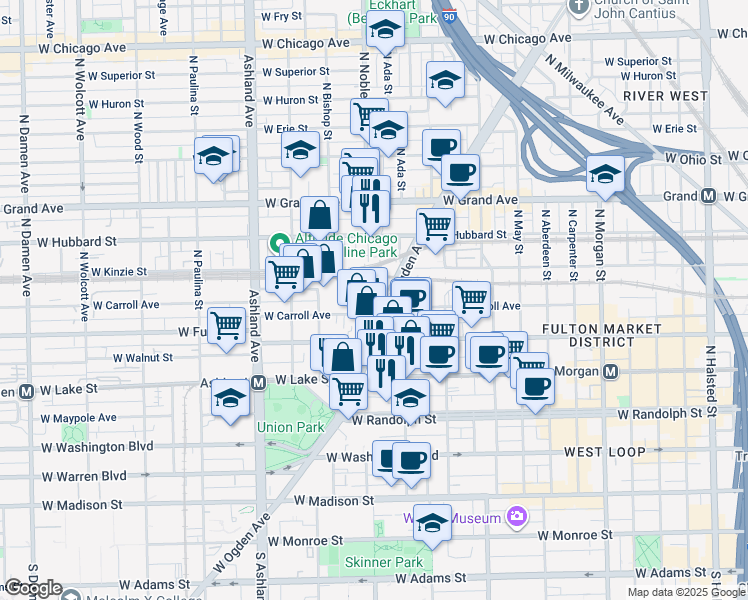 map of restaurants, bars, coffee shops, grocery stores, and more near 340 North Ogden Avenue in Chicago