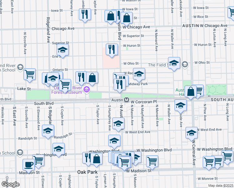 map of restaurants, bars, coffee shops, grocery stores, and more near 350 North Austin Boulevard in Oak Park