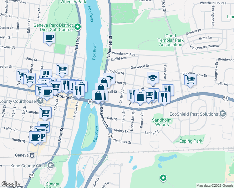 map of restaurants, bars, coffee shops, grocery stores, and more near 216 Wall Street in Geneva