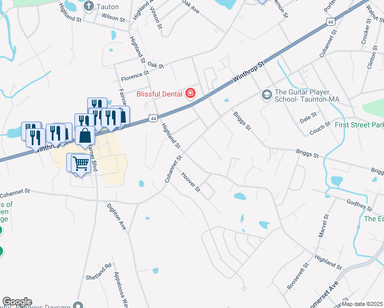 map of restaurants, bars, coffee shops, grocery stores, and more near 142 Highland Street in Taunton