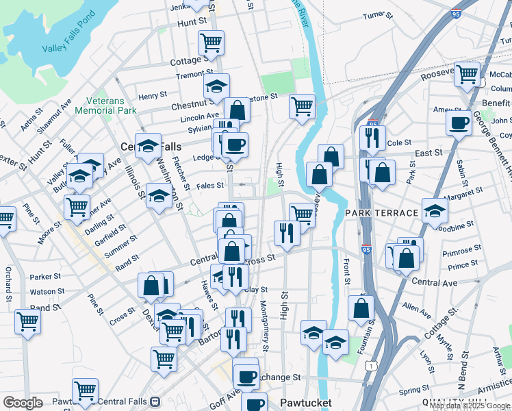 map of restaurants, bars, coffee shops, grocery stores, and more near 120 Railroad Street in Central Falls