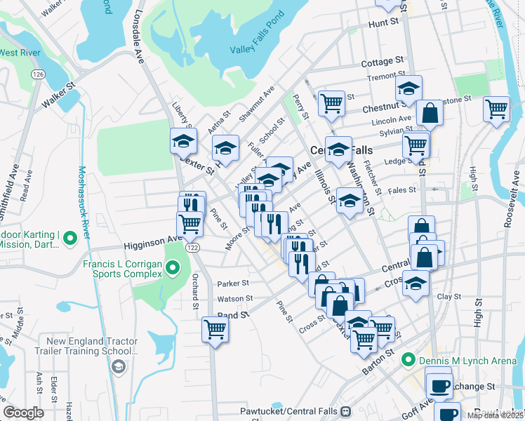 map of restaurants, bars, coffee shops, grocery stores, and more near 364 Cowden Street in Central Falls