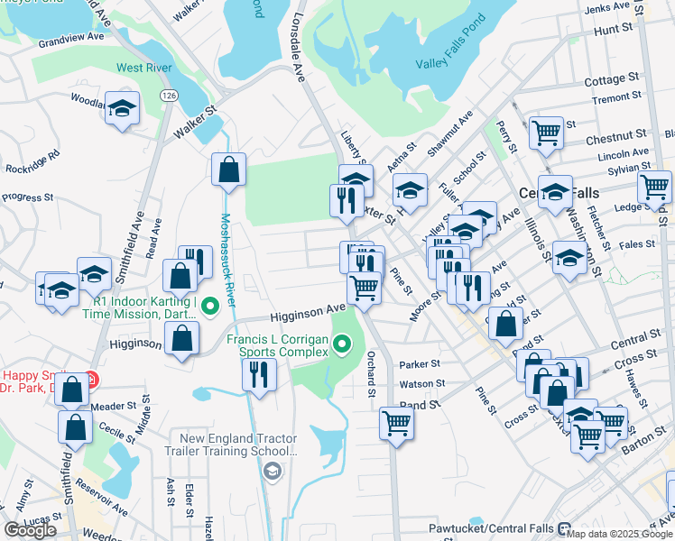 map of restaurants, bars, coffee shops, grocery stores, and more near 43 Emmett Street in Central Falls
