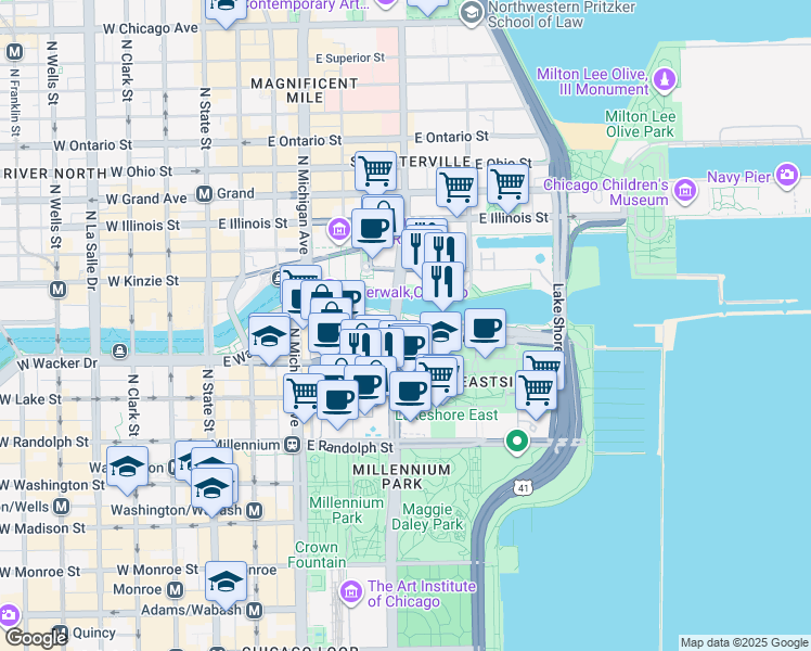 map of restaurants, bars, coffee shops, grocery stores, and more near 323 East Randolph Drive in Chicago