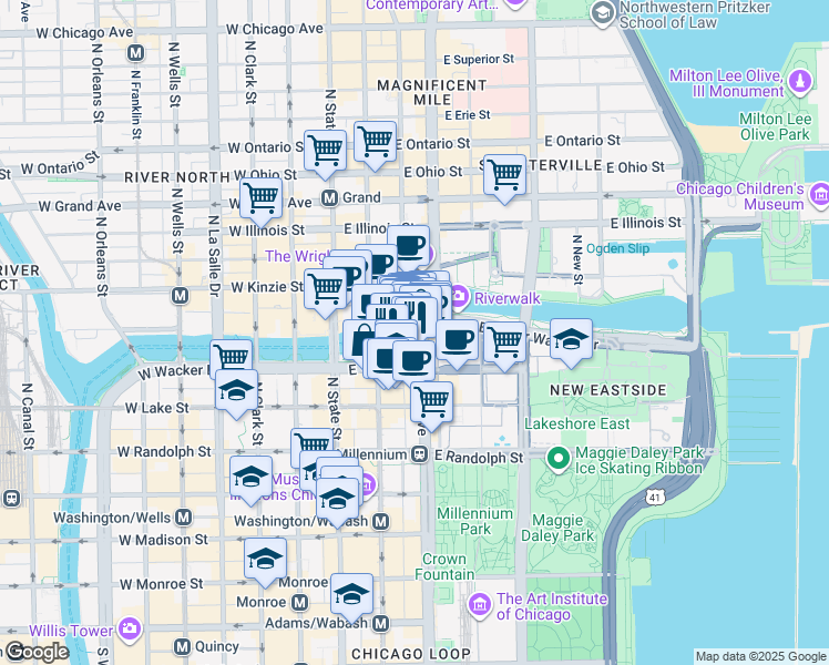 map of restaurants, bars, coffee shops, grocery stores, and more near 75 East Wacker Drive in Chicago
