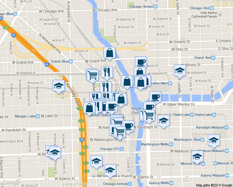 map of restaurants, bars, coffee shops, grocery stores, and more near 320 North Clinton Street in Chicago