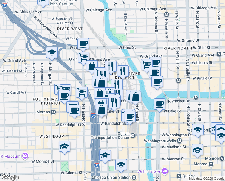 map of restaurants, bars, coffee shops, grocery stores, and more near 334 North Jefferson Street in Chicago