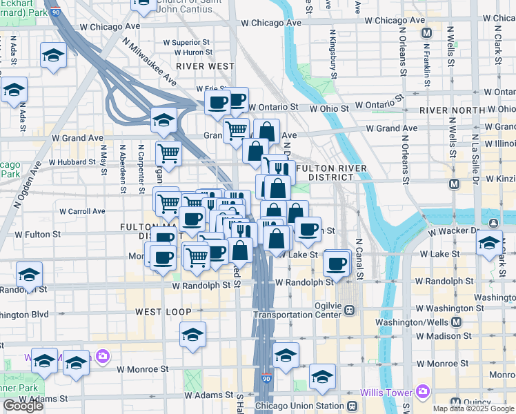 map of restaurants, bars, coffee shops, grocery stores, and more near 708w West Wayman Street in Chicago