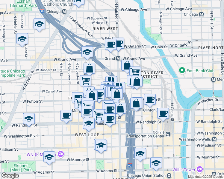 map of restaurants, bars, coffee shops, grocery stores, and more near 333 North Green Street in Chicago