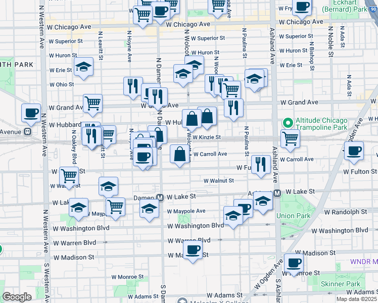 map of restaurants, bars, coffee shops, grocery stores, and more near 1901 West Carroll Avenue in Chicago