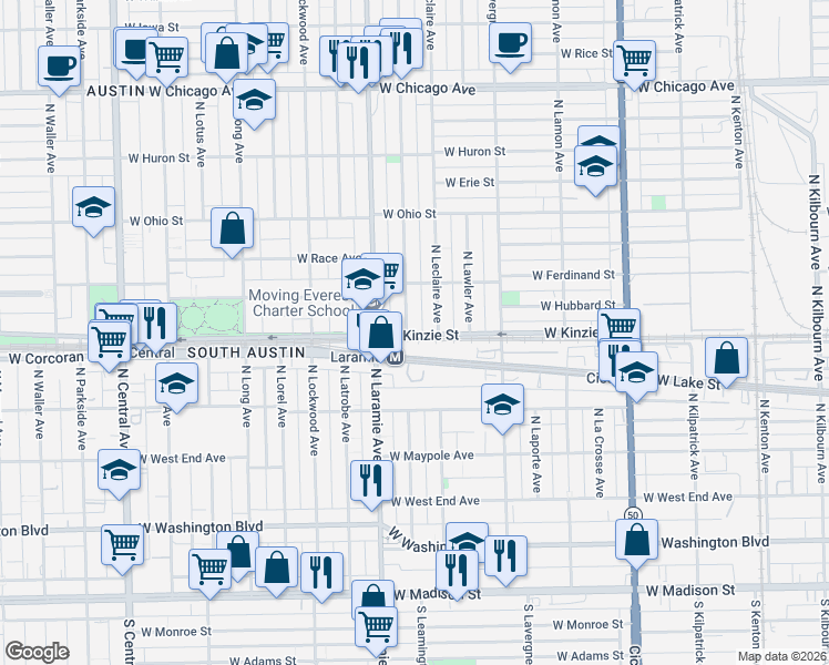 map of restaurants, bars, coffee shops, grocery stores, and more near 2694 West Lake Street in Chicago
