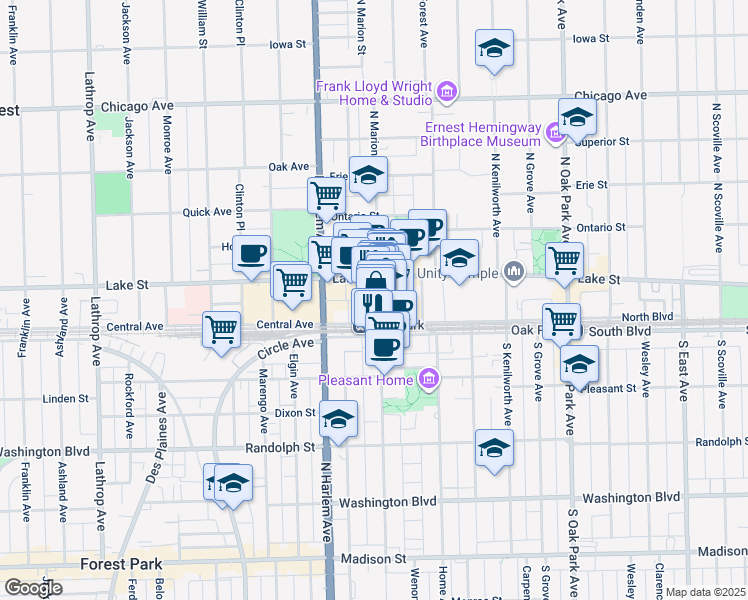 map of restaurants, bars, coffee shops, grocery stores, and more near 107b North Marion Street in Oak Park