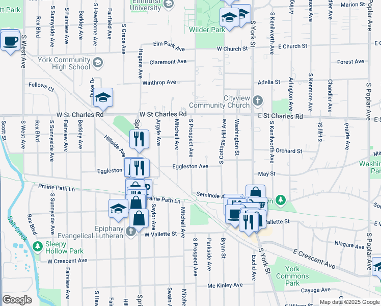 map of restaurants, bars, coffee shops, grocery stores, and more near 447 South Prospect Avenue in Elmhurst