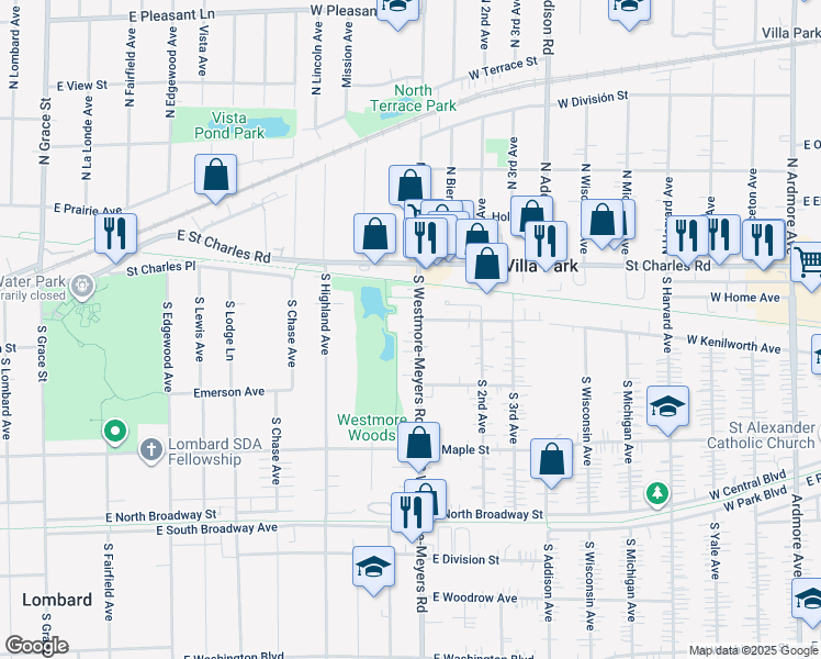 map of restaurants, bars, coffee shops, grocery stores, and more near 50 South Westmore-Meyers Road in Lombard