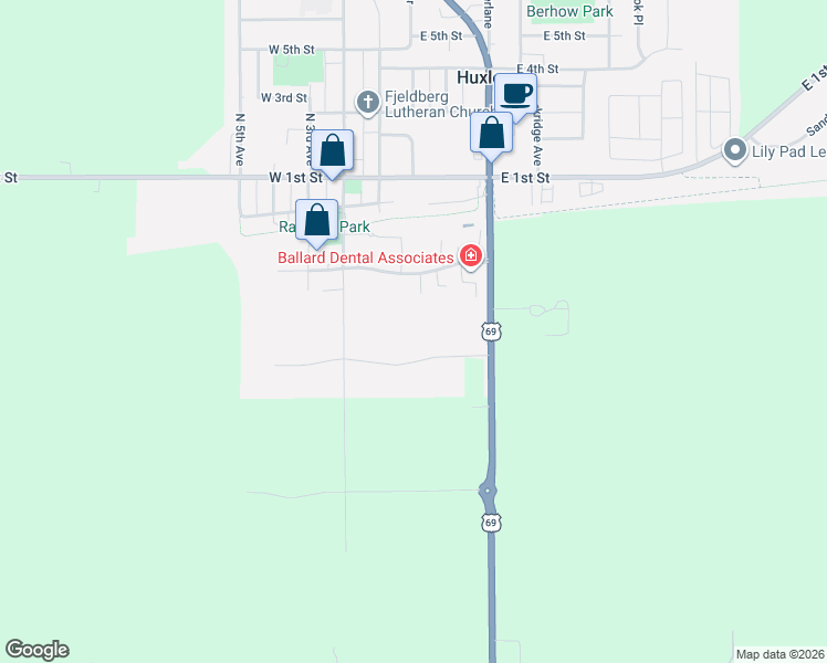 map of restaurants, bars, coffee shops, grocery stores, and more near in Huxley