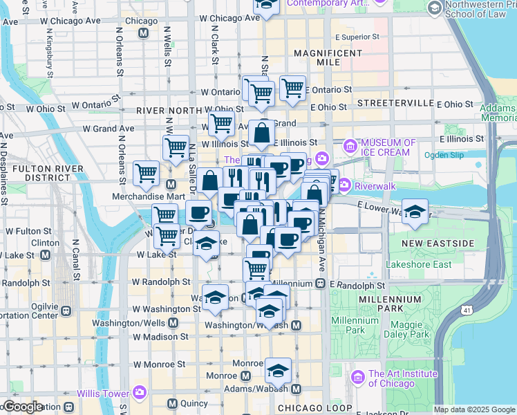 map of restaurants, bars, coffee shops, grocery stores, and more near 318 North State Street in Chicago