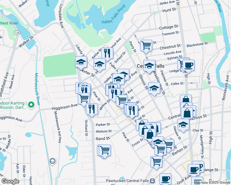 map of restaurants, bars, coffee shops, grocery stores, and more near 361 Cowden Street in Central Falls