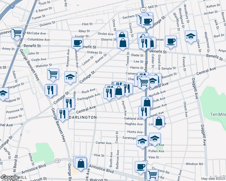 map of restaurants, bars, coffee shops, grocery stores, and more near 28 Norris Avenue in Pawtucket