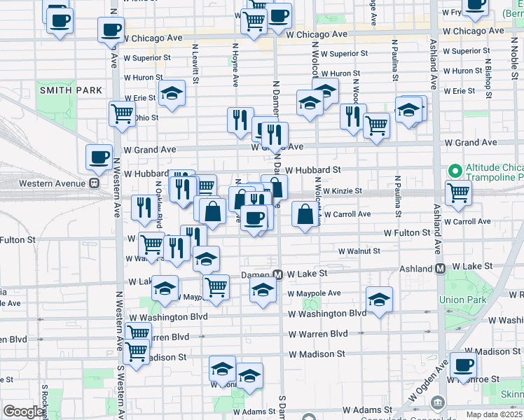 map of restaurants, bars, coffee shops, grocery stores, and more near 2023 W Carroll Ave in Chicago