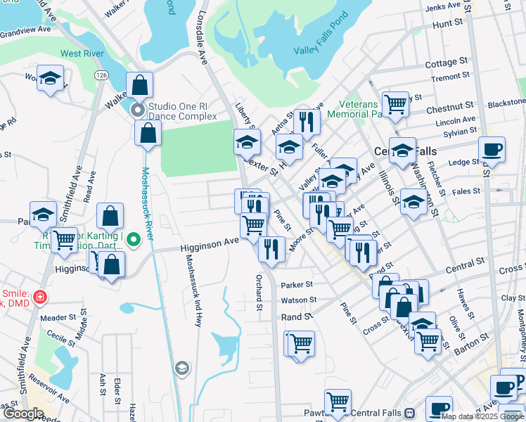 map of restaurants, bars, coffee shops, grocery stores, and more near 41 Tiffany Street in Central Falls