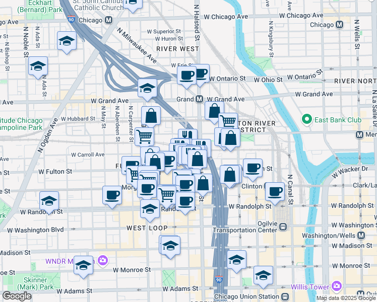 map of restaurants, bars, coffee shops, grocery stores, and more near in Chicago
