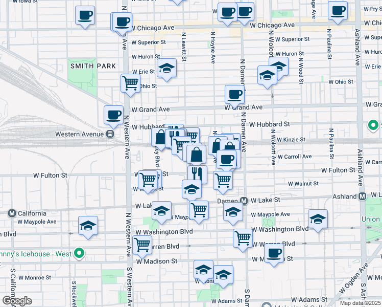 map of restaurants, bars, coffee shops, grocery stores, and more near 2143 West Carroll Avenue in Chicago