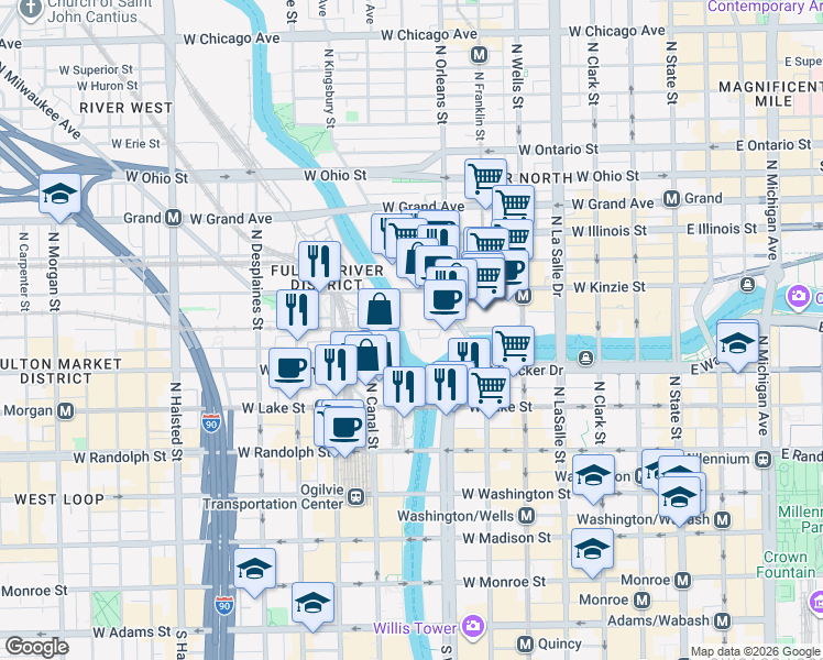 map of restaurants, bars, coffee shops, grocery stores, and more near 2 West Wolf Point Plaza in Chicago