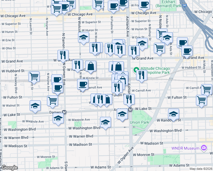 map of restaurants, bars, coffee shops, grocery stores, and more near 1725 West Carroll Avenue in Chicago