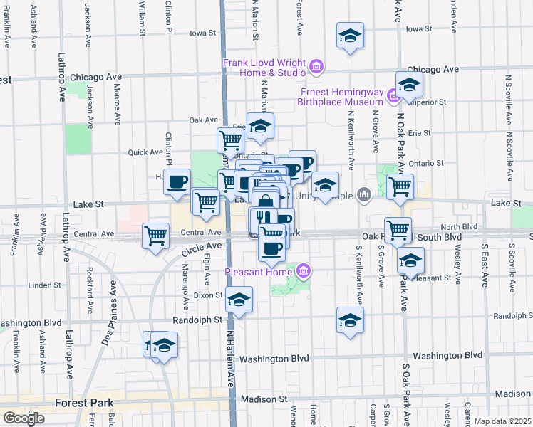 map of restaurants, bars, coffee shops, grocery stores, and more near in Oak Park