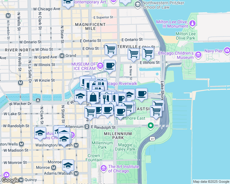 map of restaurants, bars, coffee shops, grocery stores, and more near N Columbus Dr & E Wacker Dr in Chicago