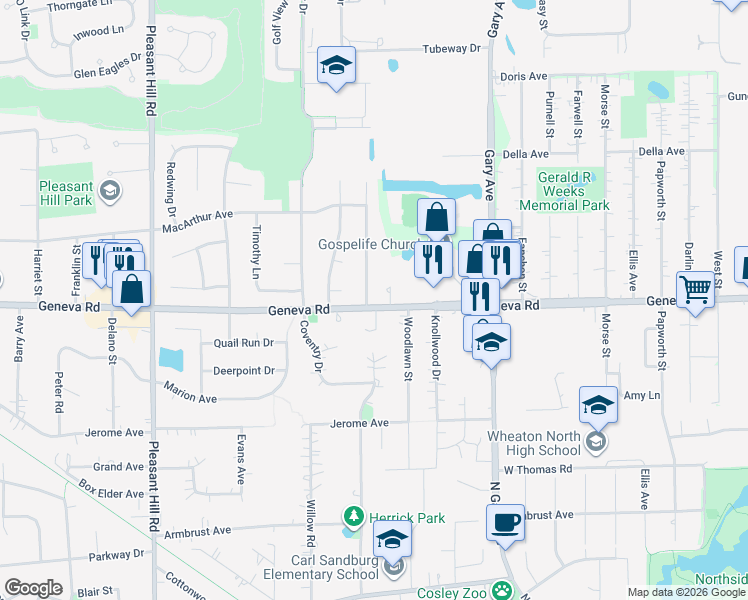map of restaurants, bars, coffee shops, grocery stores, and more near N781 Waverly Court in Wheaton
