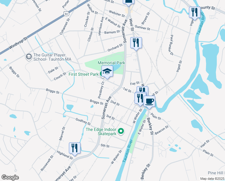 map of restaurants, bars, coffee shops, grocery stores, and more near 343 Somerset Avenue in Taunton