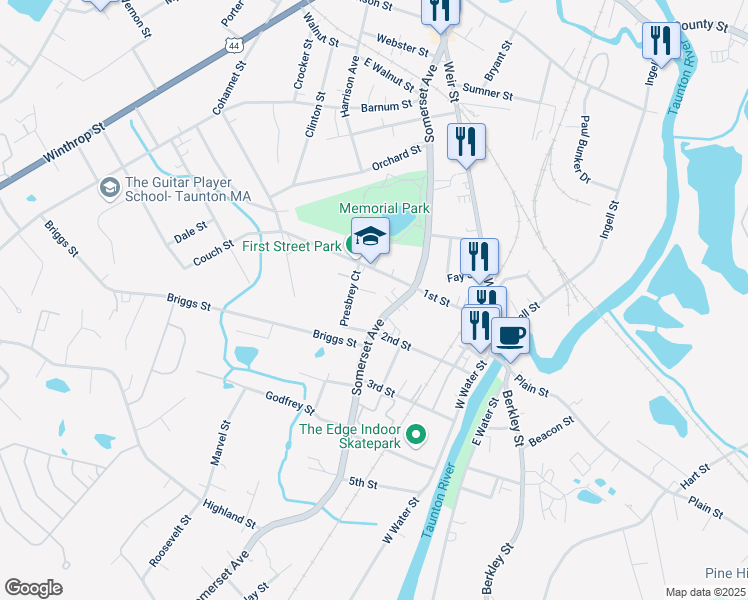 map of restaurants, bars, coffee shops, grocery stores, and more near 343 Somerset Avenue in Taunton