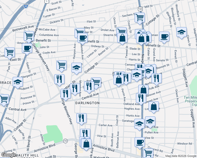 map of restaurants, bars, coffee shops, grocery stores, and more near 120 Darlingdale Avenue in Pawtucket