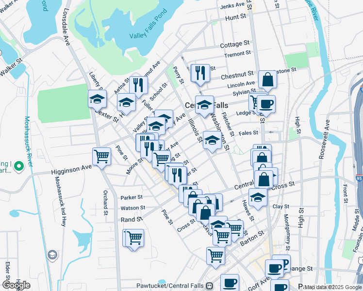 map of restaurants, bars, coffee shops, grocery stores, and more near 45 Fuller Avenue in Central Falls