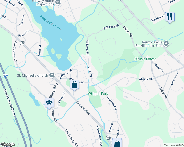 map of restaurants, bars, coffee shops, grocery stores, and more near 8 Cross Street in Smithfield