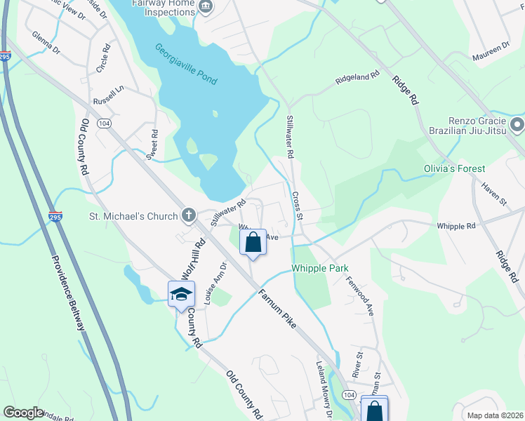 map of restaurants, bars, coffee shops, grocery stores, and more near 15 Higgins Street in Smithfield